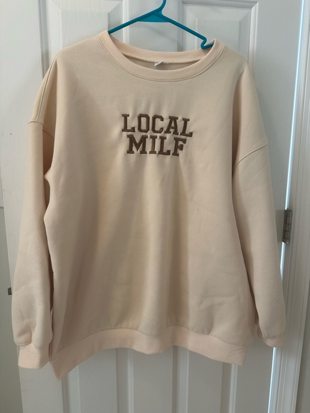 Cream Crewneck Sweatshirt with Brown Embroidered Text